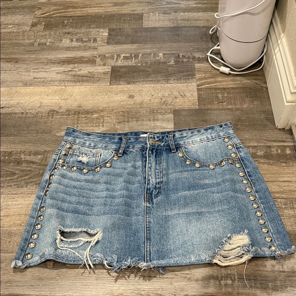 Forever 21 Blue Distressed Studded Mini Skirt